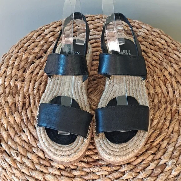 Eileen Fisher Womens Max Black Leather Washed Espadrille Flat Strap Sandals 7.5 - Picture 4 of 8